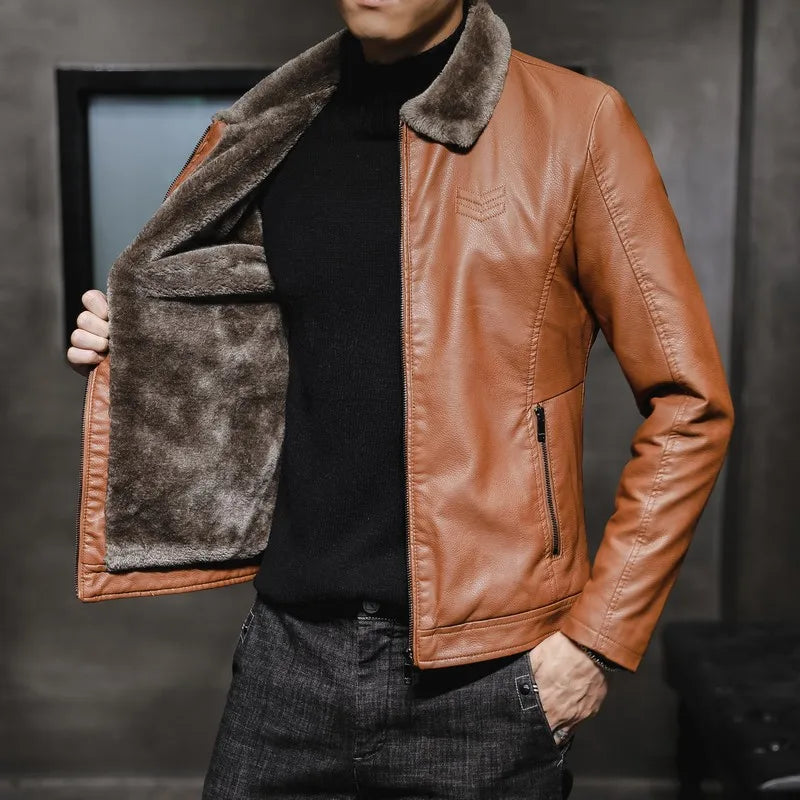 OEM Service Custom Logo Winter Men's Jacket Thick Leather with Faux Fur Collar Windproof Warm Coat Good Quality