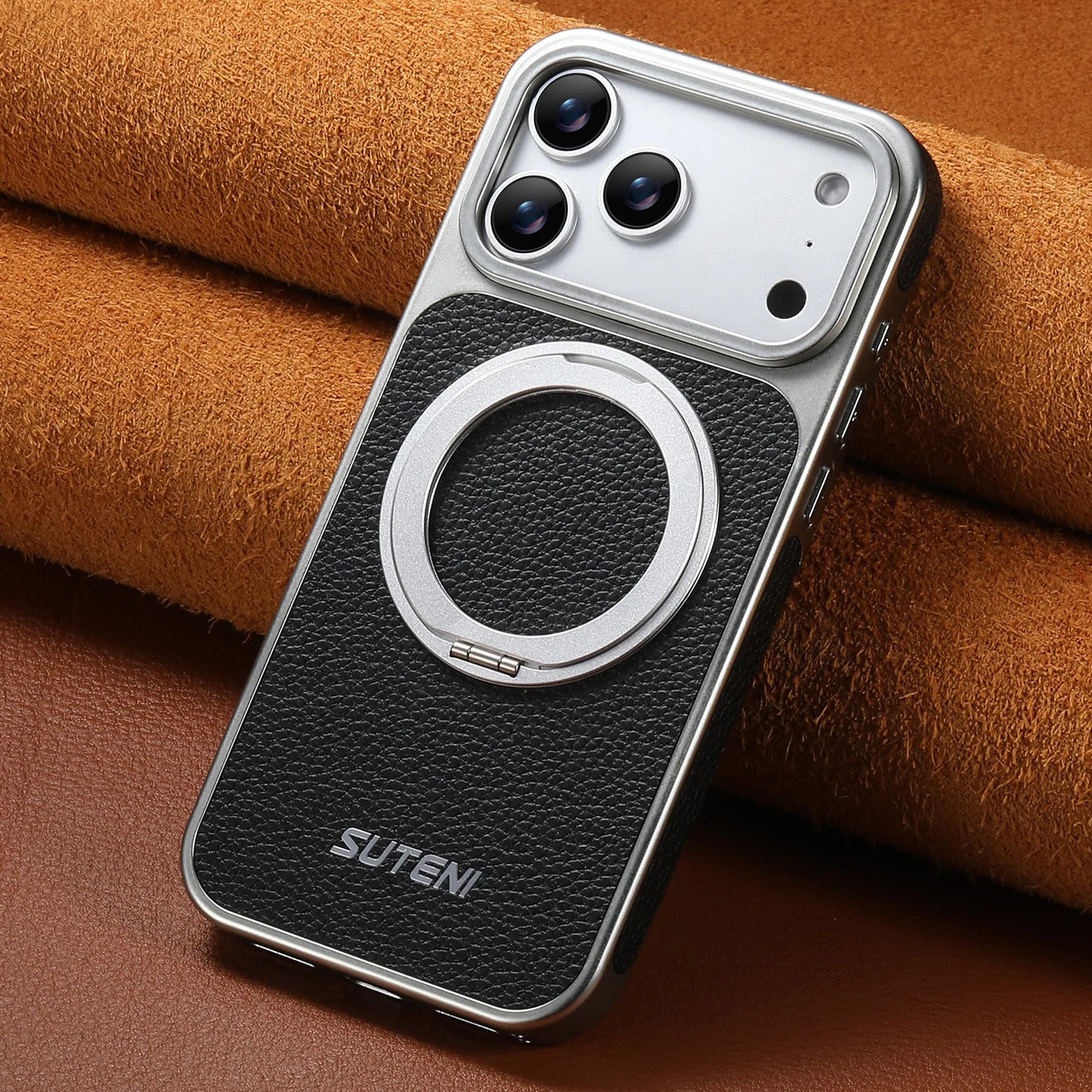 For 17 Pro Max Wireless Charging Animal Handmade Phone Case Magnetic Suction 360 Rotating Stand Finger Ring Buckle Leather