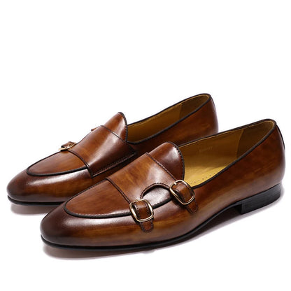 2025 New Genuine Cow Leather Men's Casual Leather Round Toe  Slip-On Loafers Handmade Monk Strap Fashion Shoes for Wedding Shoes