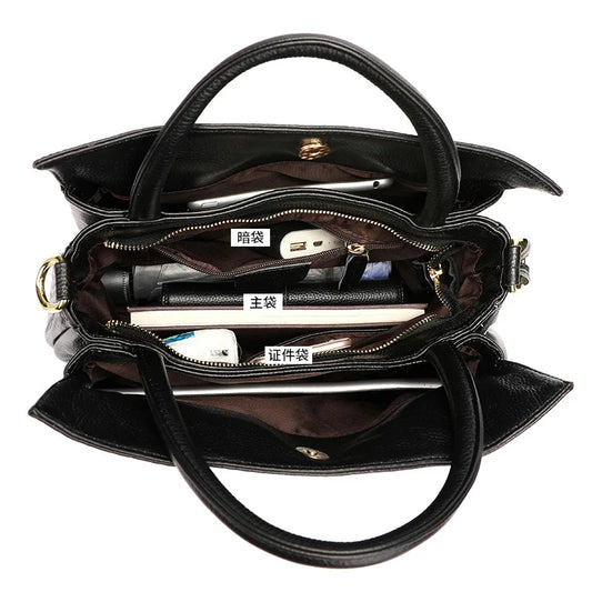 New Woven Texture Genuine Leather Handbag, Large Capacity Elegant Women's Shoulder & Top Handle Bag