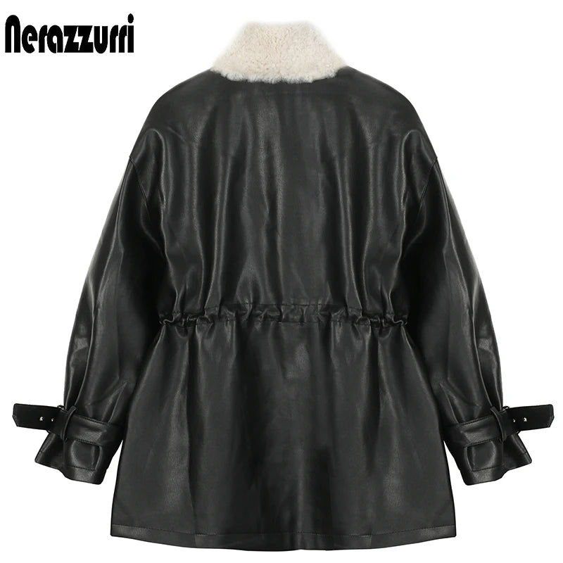 Nerazzurri Thick warm black faux leather jacket with fur inside long sleeve zipper Winter faux fur lined coats for women Fashion