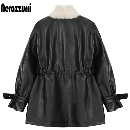Nerazzurri Thick warm black faux leather jacket with fur inside long sleeve zipper Winter faux fur lined coats for women Fashion