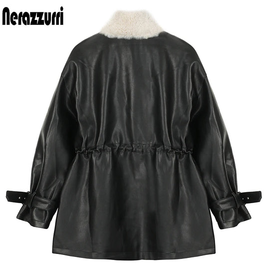 Nerazzurri Thick warm black faux leather jacket with fur inside long sleeve zipper Winter faux fur lined coats for women Fashion