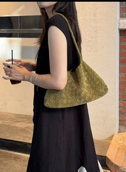New Arrival Unique Retro Green Women's Suede Hobos Shoulder Bag Durable Button Large Capacity Genuine Leather Lining Luxury