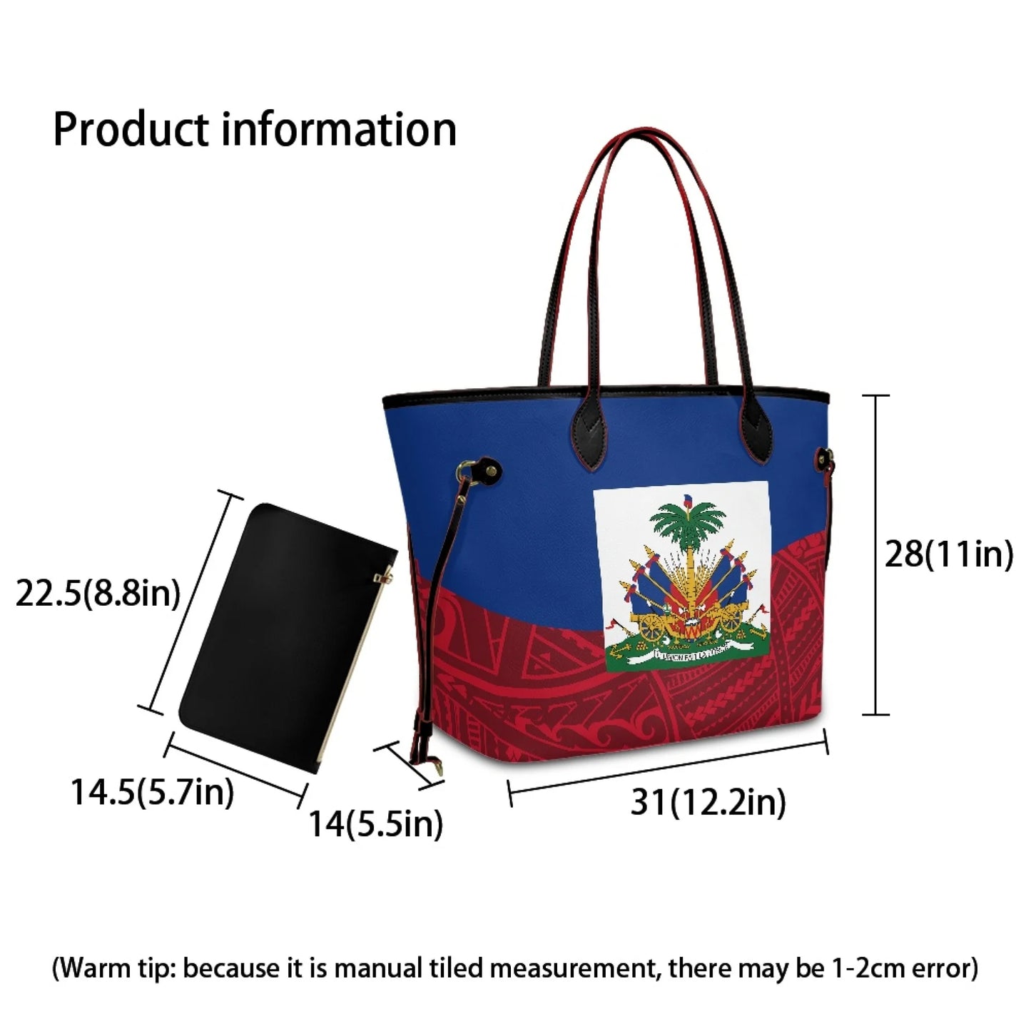 Haitian Flag Printed Leather Tote Bag for Women Large Casual Hobo Handbags with Zipper Pouch Work Daily Weekender Travel Purse