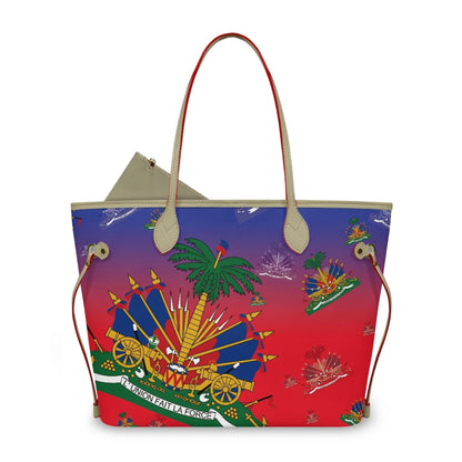 Haitian Flag Printed Leather Tote Bag for Women Large Casual Hobo Handbags with Zipper Pouch Work Daily Weekender Travel Purse