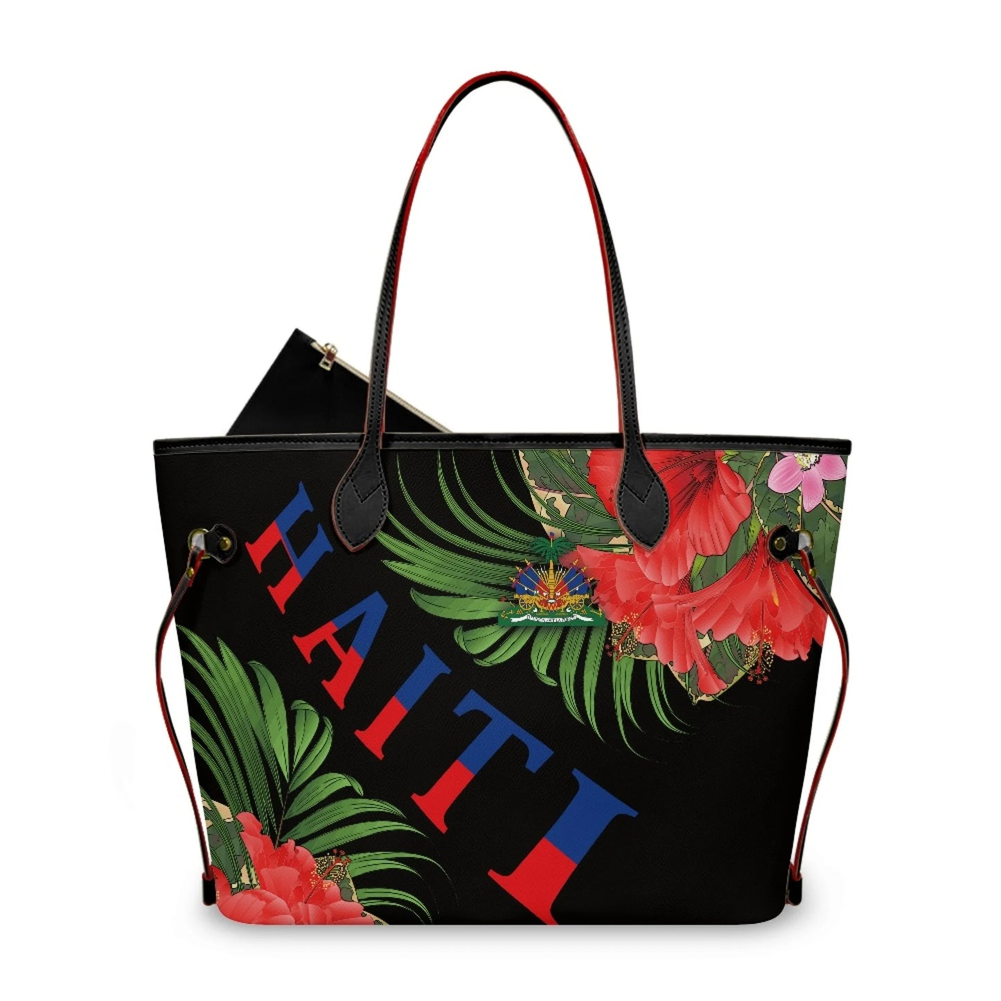 Haitian Flag Printed Leather Tote Bag for Women Large Casual Hobo Handbags with Zipper Pouch Work Daily Weekender Travel Purse