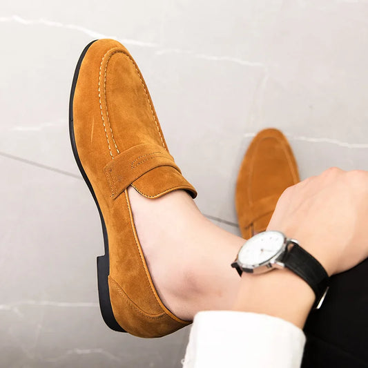 New Brown Men's Leather Dress Shoes Stylish Mocasines Loafers Slip-On Closure Mens Dress Shoes
