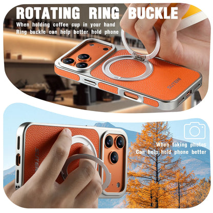 For 17 Pro Max Wireless Charging Animal Handmade Phone Case Magnetic Suction 360 Rotating Stand Finger Ring Buckle Leather