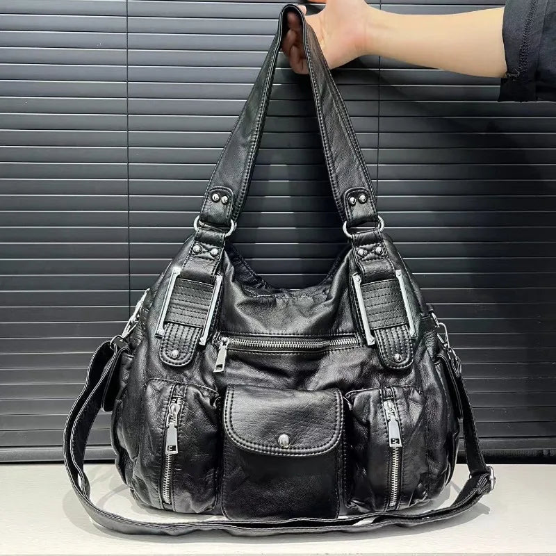 Women's Large Capacity Casual Tote Shoulder Bag Y2K Hot Girl Distressed Design Vegan Leather Zipper Closure Polyester Lining