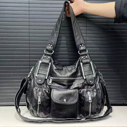 Women's Large Capacity Casual Tote Shoulder Bag Y2K Hot Girl Distressed Design Vegan Leather Zipper Closure Polyester Lining