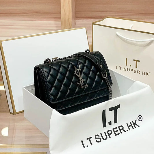 High-End Genuine Leather Women's Crossbody Bag 2025 New Style Quilted Chain Zip Fashionable All-Match Small Square Polyester