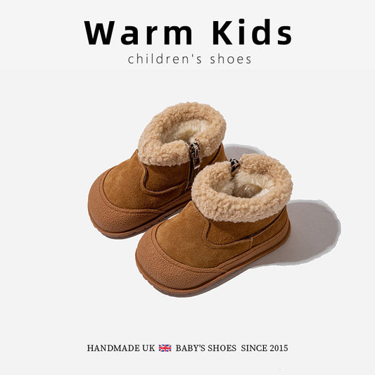 Genuine Leather Children's Cotton Boots with Fleece Lining, Winter 2025 New Style, Fashionable Korean Version for Baby Girls, Warm and Thickened Snow Boots