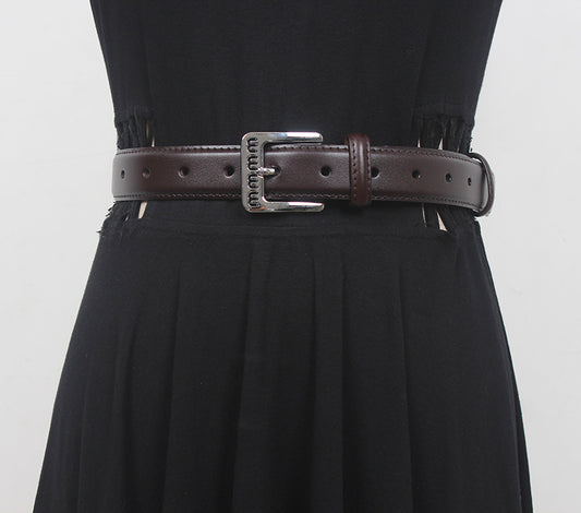 Retro belt for women Spring new silver buckle two-layer cowhide fashionable all-match pants with textured belt