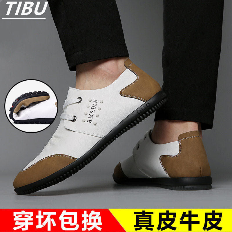 [Leather cowhide] men's leather shoes leather breathable casual leather shoes men's non-slip wear-resistant fashion all-match Bean shoes