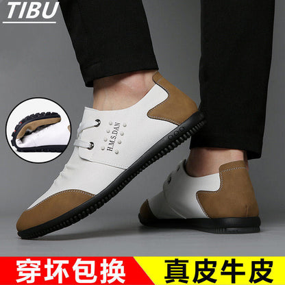 [Leather cowhide] men's leather shoes leather breathable casual leather shoes men's non-slip wear-resistant fashion all-match Bean shoes