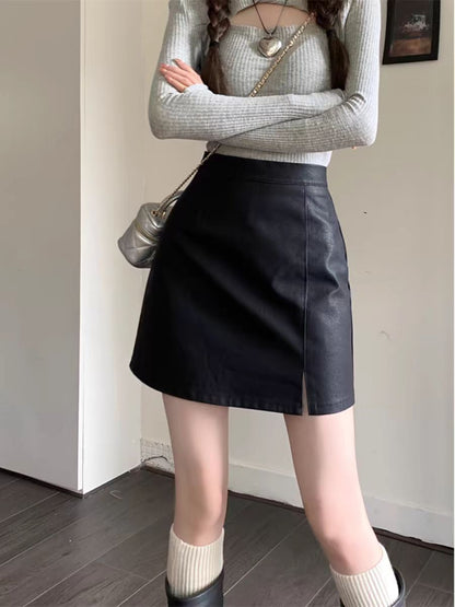 Pu Leather Skirt Women's Autum K-Style 2025 New Black Sexy High-Waist Slim A-Line Short Skirt Hip-Covering Skirt
