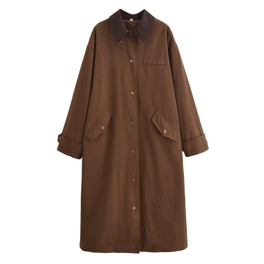Ready Stock Women's Autumn and Winter New Style Lapel Waxing Effect Loose Casual Long Windbreaker Jacket Blended Long Sleeves