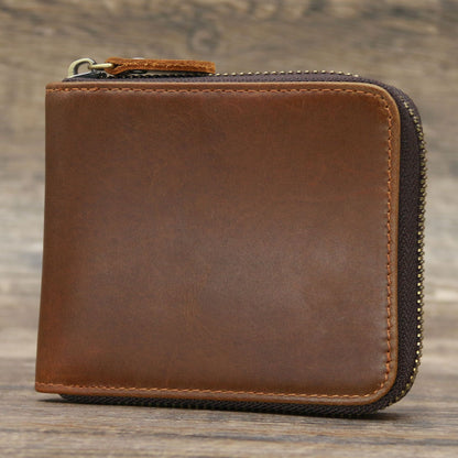 9039 Short Wallet Men's Genuine Leather Wallet Crazy Horse Leather 80% off Wallet Card Holder Black Zipper Coin Wallet