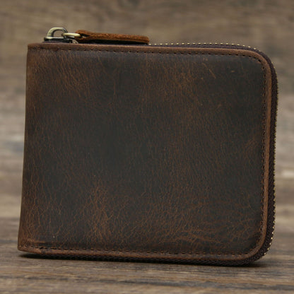 9039 Short Wallet Men's Genuine Leather Wallet Crazy Horse Leather 80% off Wallet Card Holder Black Zipper Coin Wallet