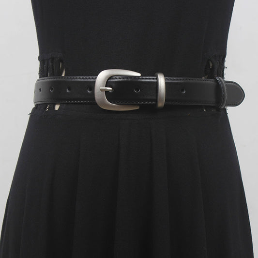 French simple all-match Belt Women's distressed silver buckle two-layer cowhide belt with mop pants jeans shorts New