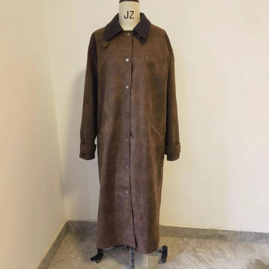 Ready Stock Women's Autumn and Winter New Style Lapel Waxing Effect Loose Casual Long Windbreaker Jacket Blended Long Sleeves