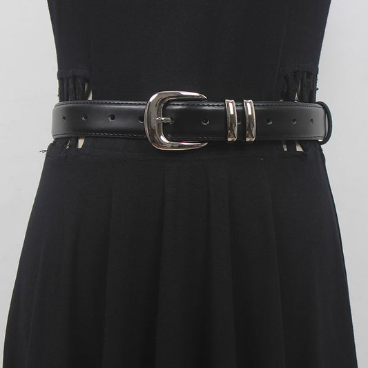 New high-grade women's silver buckle belt casual all-match two-layer cowhide belt with jeans casual pants fashion