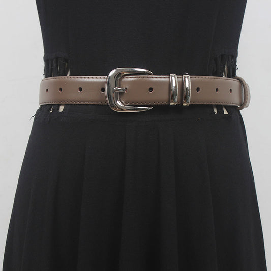 New high-grade women's silver buckle belt casual all-match two-layer cowhide belt with jeans casual pants fashion