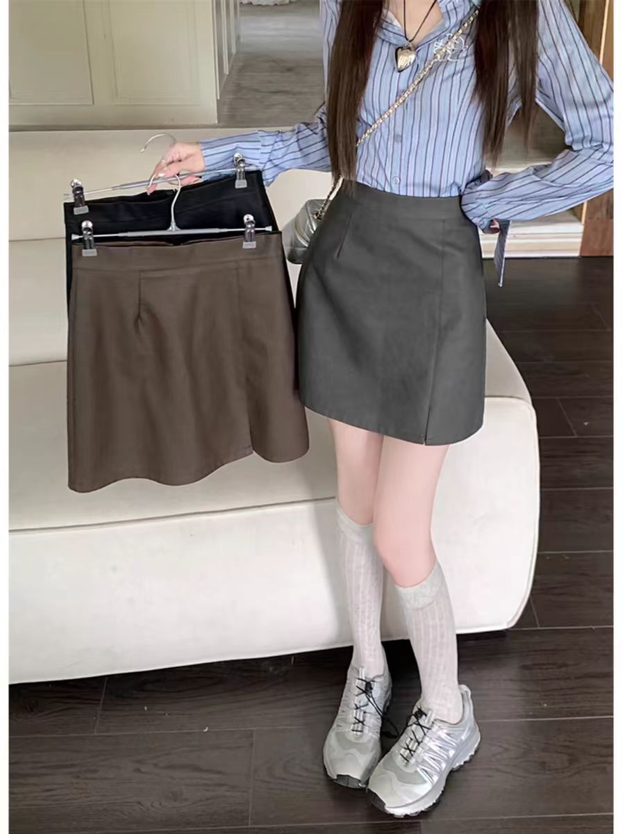 Pu Leather Skirt Women's Autum K-Style 2025 New Black Sexy High-Waist Slim A-Line Short Skirt Hip-Covering Skirt