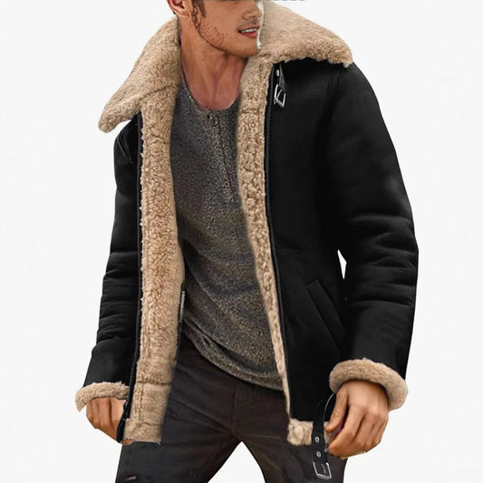 Thickened Leather Fur Integrated Men's Jacket Men's Outerwear Fashionable Urban Style Zipper Closure Solid Color Winter Coat
