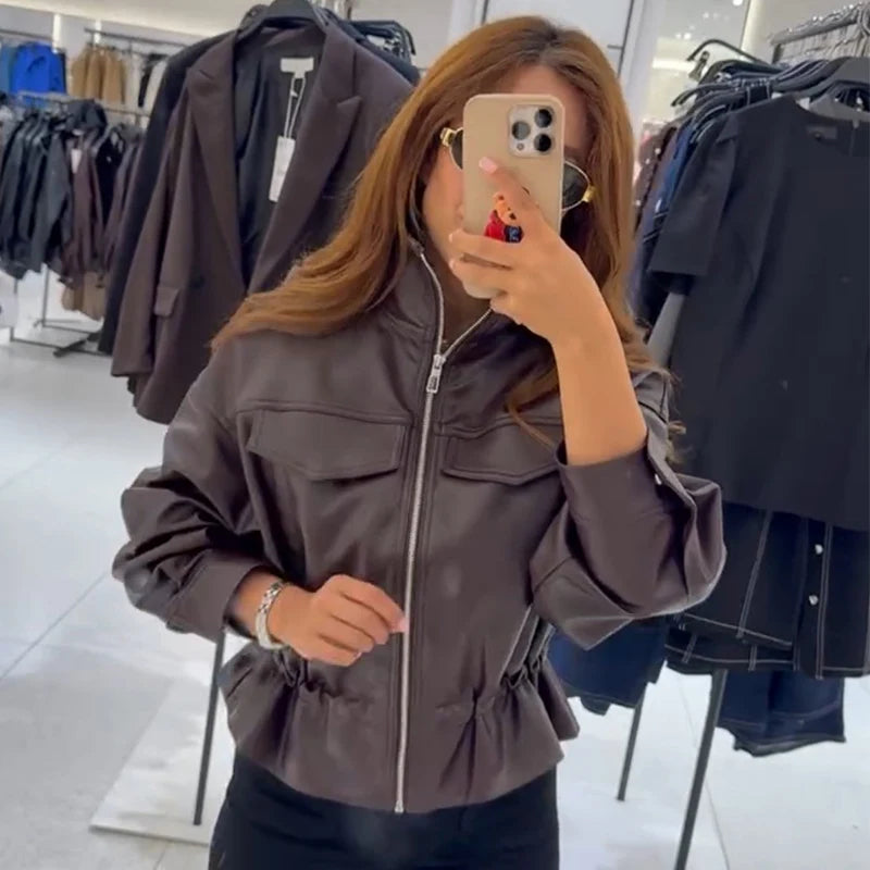 Women's Faux Leather Jacket with Adjustable Waist, Zip Front Short Coat, Retro Biker Style Outerwear for Fall