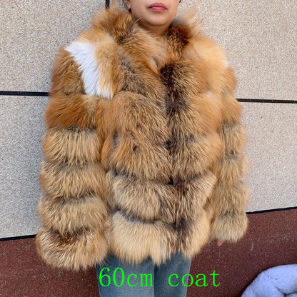 HUA QIU MEI SI Natural Red Fox Fur Jacket for Women's Winter Warmth 100% True Fur Leather Jacket Red Fox Jacket