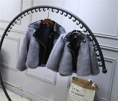 Kids Faux Fox Fur Jacket Short Thickened Biker Coat Leather & Fur Blend Outerwear for Boys Girls