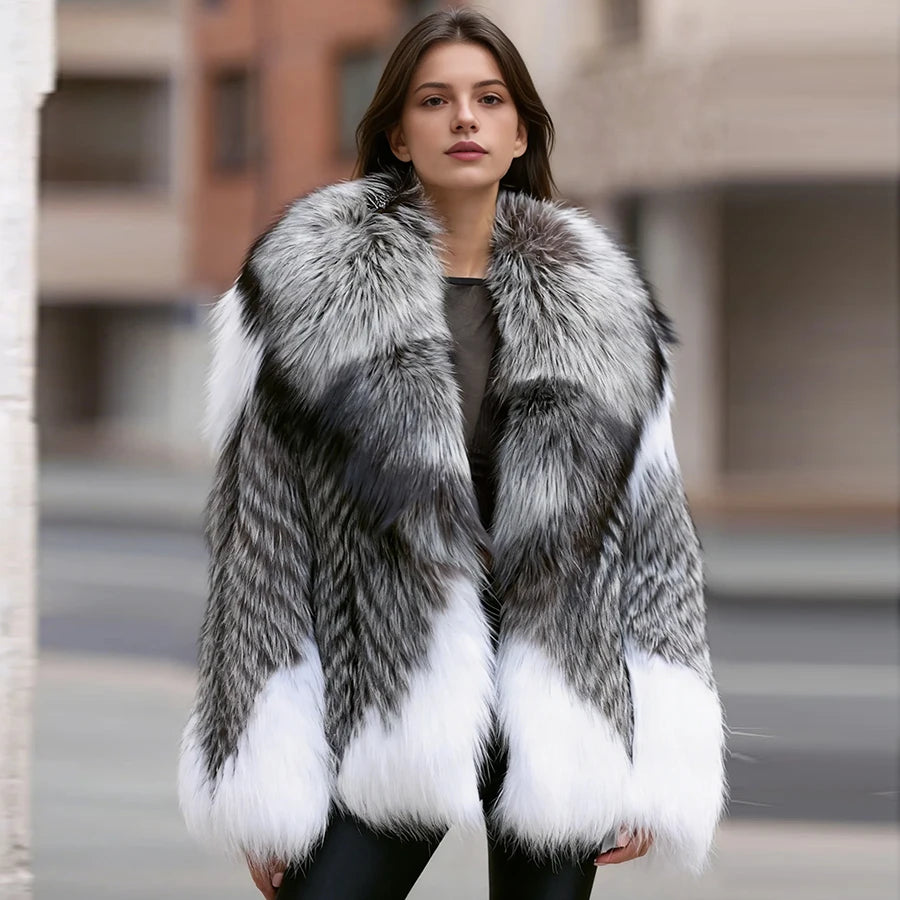 Natural Fox Fur Jacket With Turndown Collar Real Silver Fox Fur Jacket Winter Jackets For Women Luxury Genuine Fur Outwear
