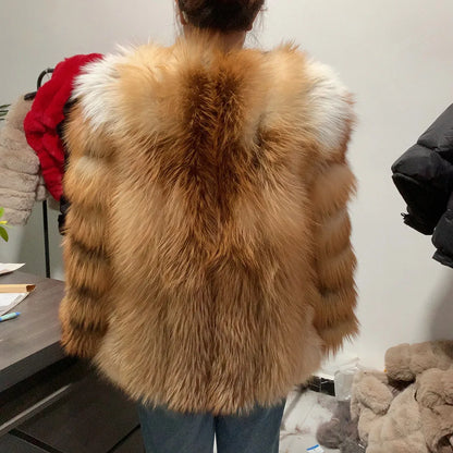 HUA QIU MEI SI Natural Red Fox Fur Jacket for Women's Winter Warmth 100% True Fur Leather Jacket Red Fox Jacket