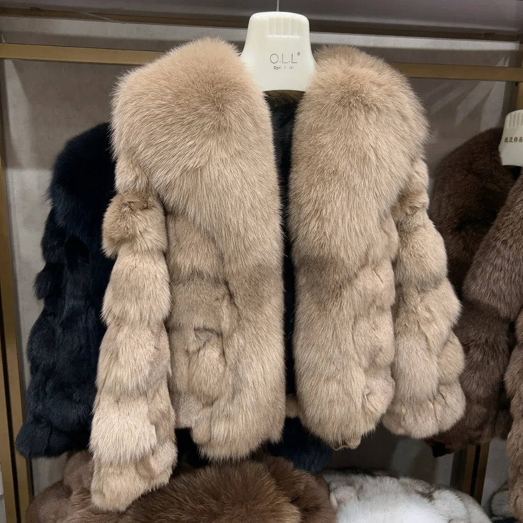 New women's natural real fox fur coat with fox collar for winter fashion and warmth short fox fur leather jacket HUA QIU MEI SI