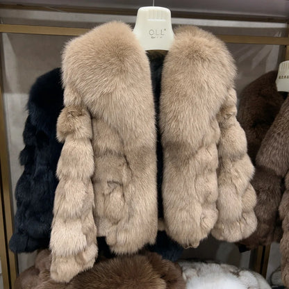 New women's natural real fox fur coat with fox collar for winter fashion and warmth short fox fur leather jacket HUA QIU MEI SI
