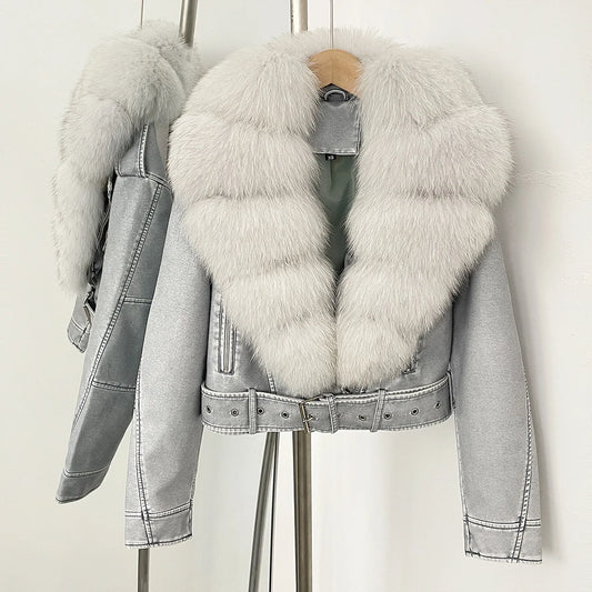 Fake Leather Coat New Natural Fox Fur Autumn Short Faux Leather Jacket Female Spring PU Women Long Sleeve Real Fur Coat Thin