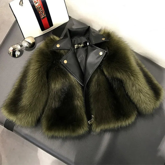Kids Faux Fox Fur Jacket Short Thickened Biker Coat Leather & Fur Blend Outerwear for Boys Girls