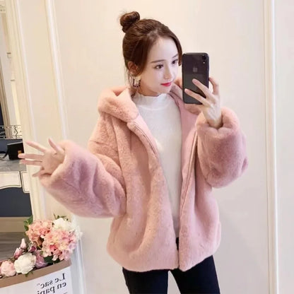 Fur Jacket for Women 2024 New Autumn and Winter Outfit  Thick Hooded Imitation Rabbit Mink Plush Loose Short Jacket for Women