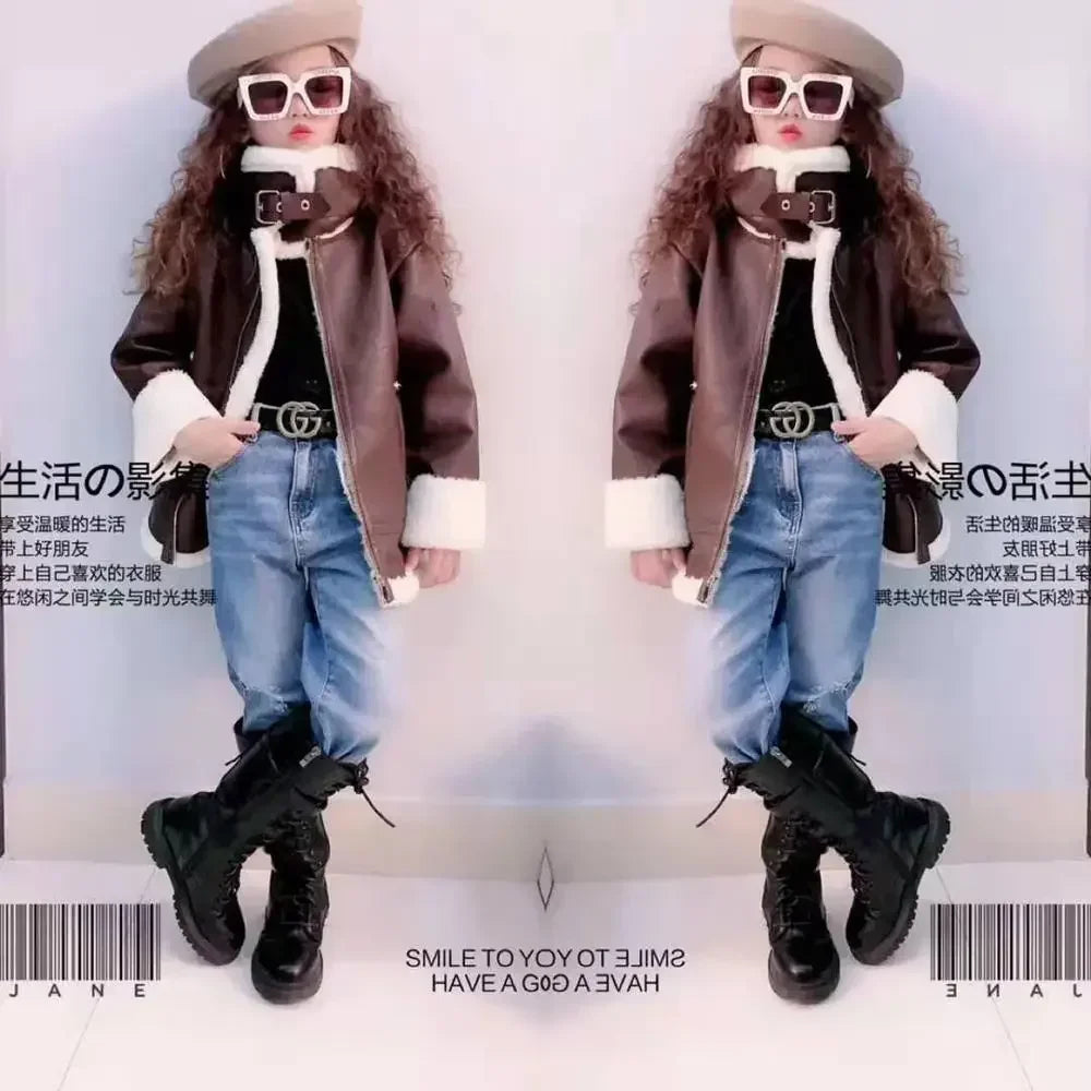 2024 Girls  Jacket  Leather Motorcycle  Kids Coats Fleece   Children  Jacket  Winter Autumn