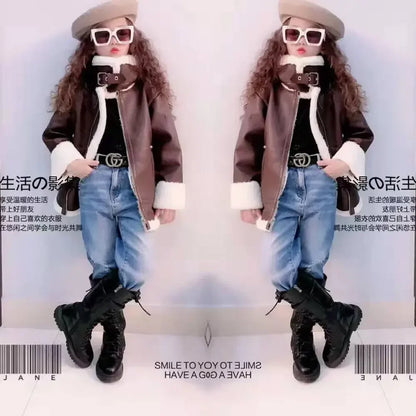2024 Girls  Jacket  Leather Motorcycle  Kids Coats Fleece   Children  Jacket  Winter Autumn