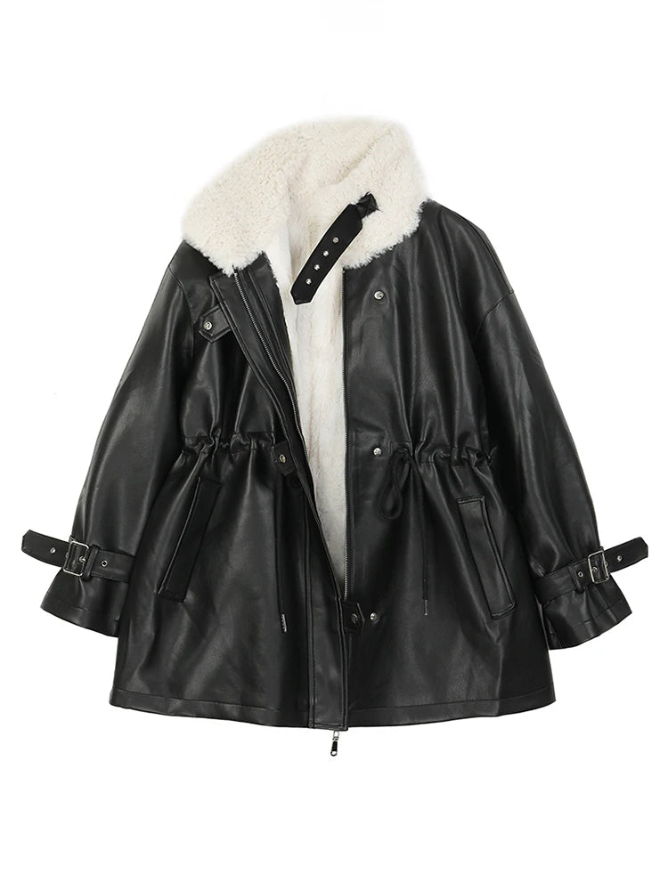 Nerazzurri Thick warm black faux leather jacket with fur inside long sleeve zipper Winter faux fur lined coats for women Fashion