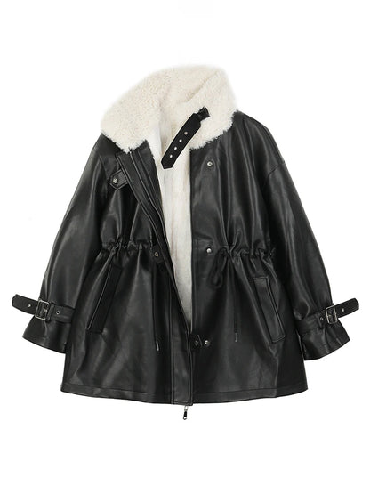 Nerazzurri Thick warm black faux leather jacket with fur inside long sleeve zipper Winter faux fur lined coats for women Fashion