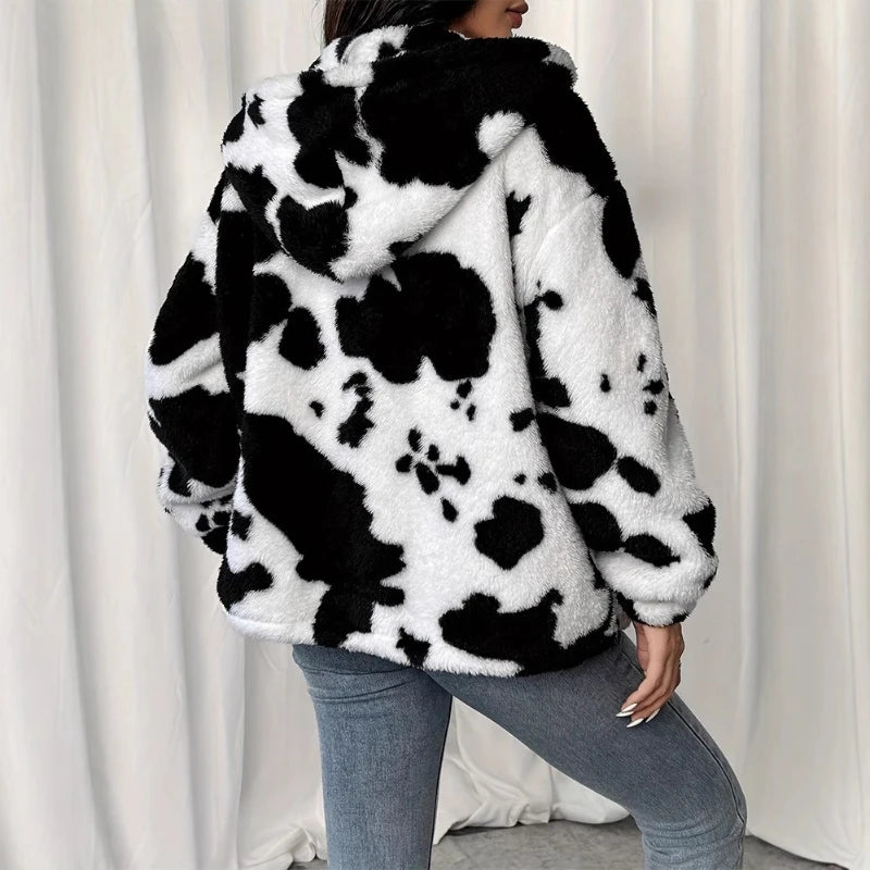 Faux Fur Jacket 2025 Autumn and Winter Printed Casual Zipper Women's Warm Jacket