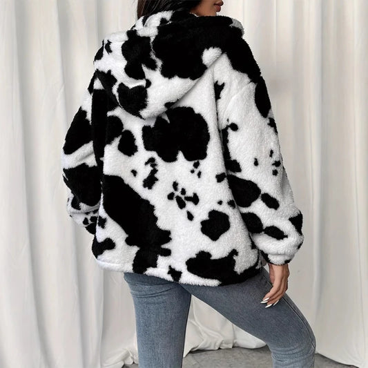 Faux Fur Jacket 2025 Autumn and Winter Printed Casual Zipper Women's Warm Jacket