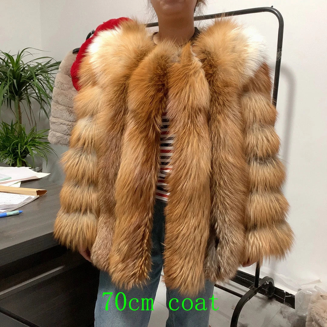 HUA QIU MEI SI Natural Red Fox Fur Jacket for Women's Winter Warmth 100% True Fur Leather Jacket Red Fox Jacket