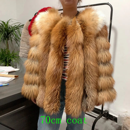 HUA QIU MEI SI Natural Red Fox Fur Jacket for Women's Winter Warmth 100% True Fur Leather Jacket Red Fox Jacket