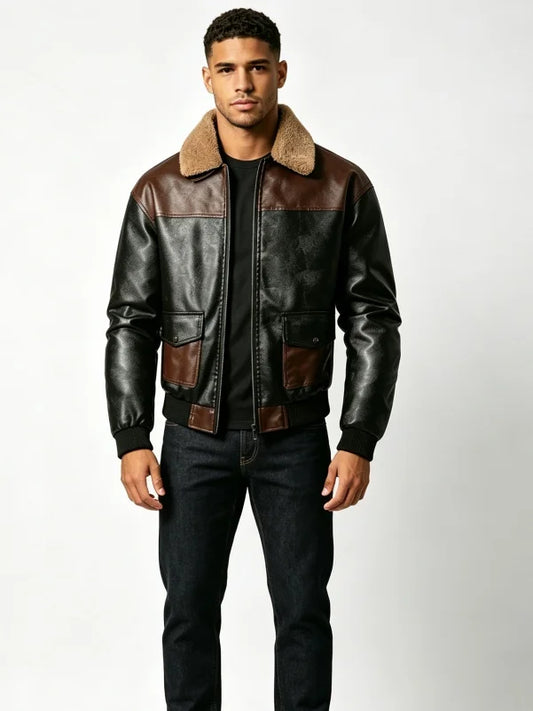 Men Vintage Color Block Leather Jacket Fleece Fur Collar Zip Up Retro Casual Coat Outdoor Streetwear Plus Size