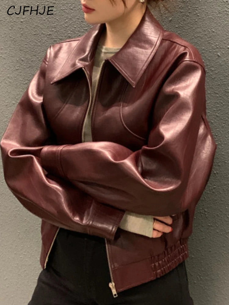 CJFHJE Fashion Trench Leather Jackets Women Streetwear Moto Biker Zipper Leather Jacket Casual High Street Cropped Leather Coats